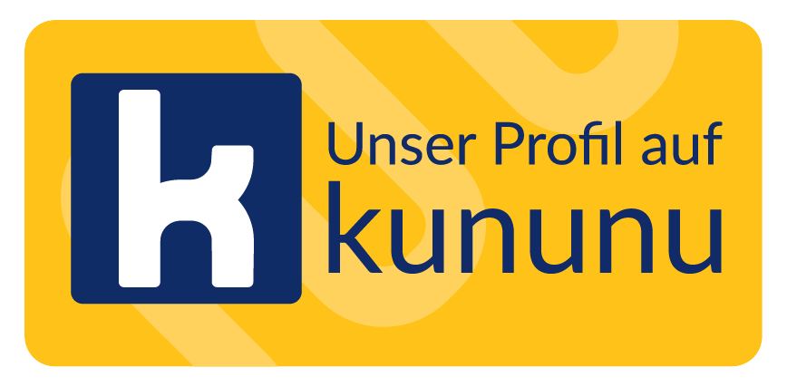 Yellow rectangle with rounded corners. On the left, a dark blue square with a white lowercase letter k. To the right, dark blue text reads: Our profile on kununu.